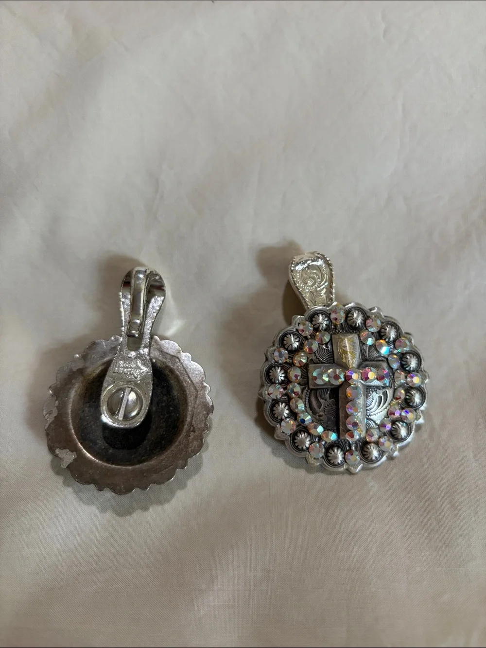 Rhinestone Cross Western Clip-On Earrings - Silver Sparkle